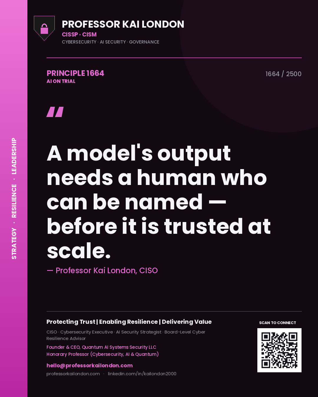 Professor Kai London principle 1664: A model's output needs a human who can be named — before it is trusted at scale.