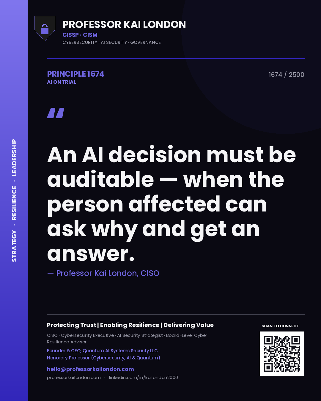 Professor Kai London principle 1674: An AI decision must be auditable — when the person affected can ask why and get an answer.