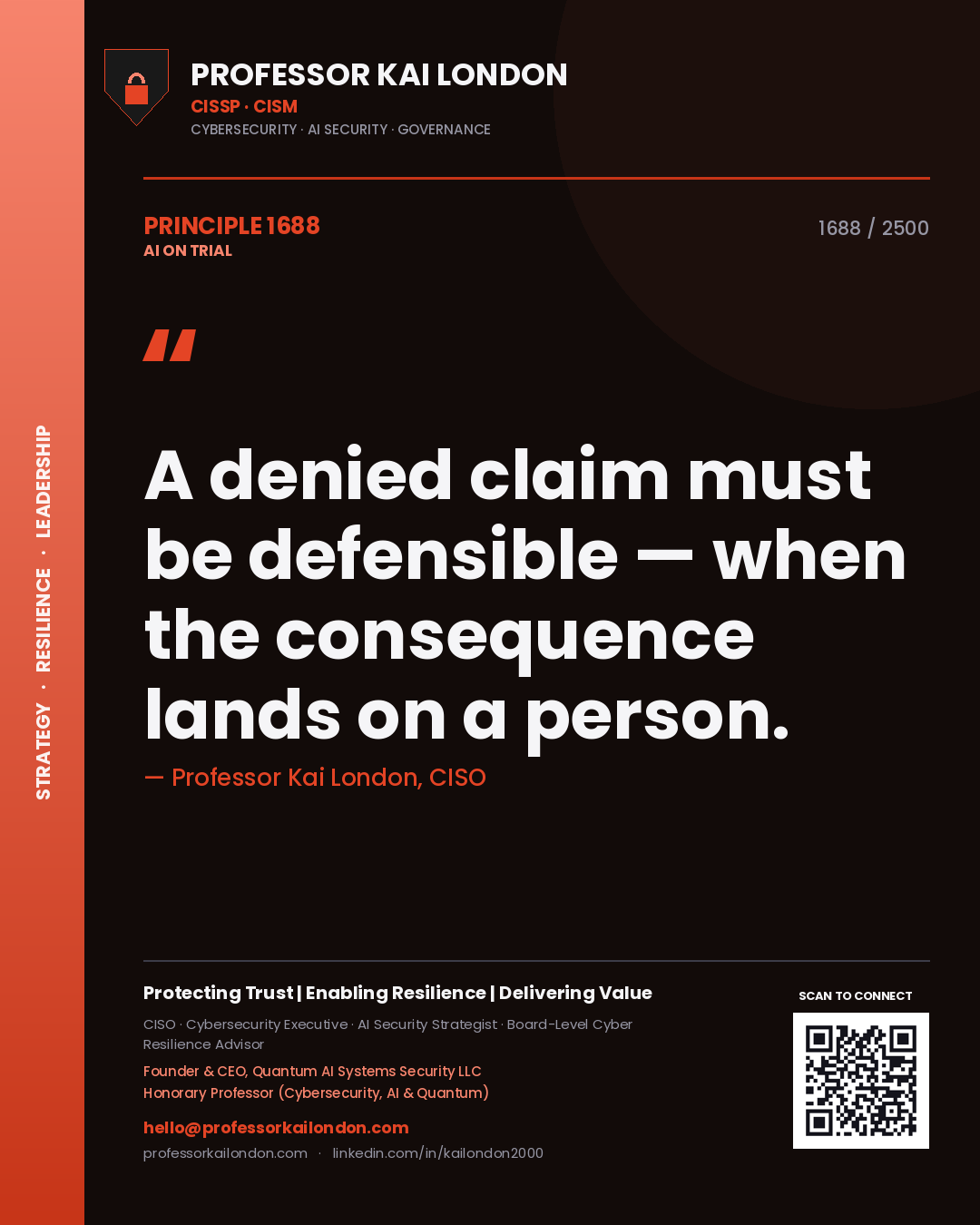 Professor Kai London principle 1688: A denied claim must be defensible — when the consequence lands on a person.