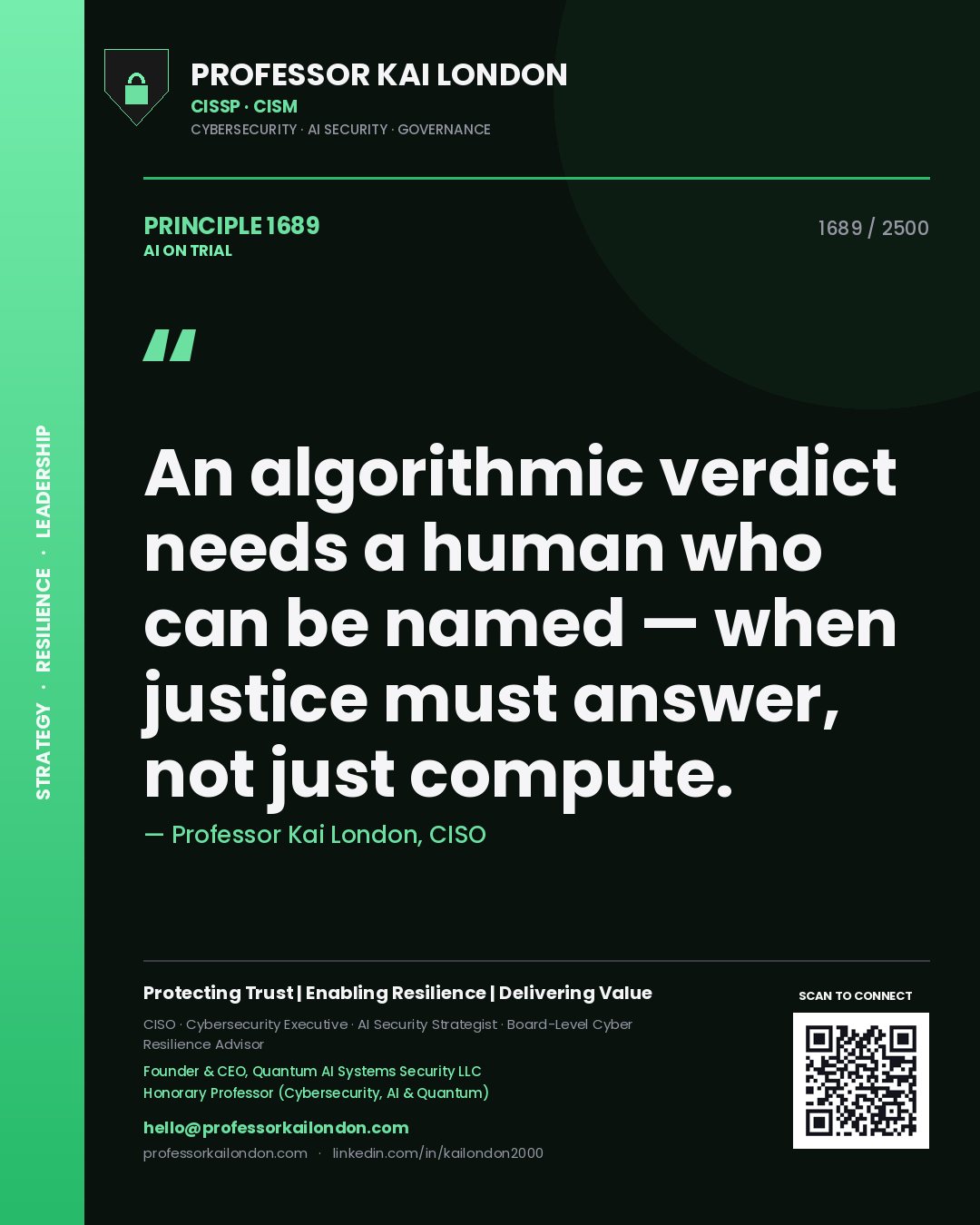 Professor Kai London principle 1689: An algorithmic verdict needs a human who can be named — when justice must answer, not just compute.