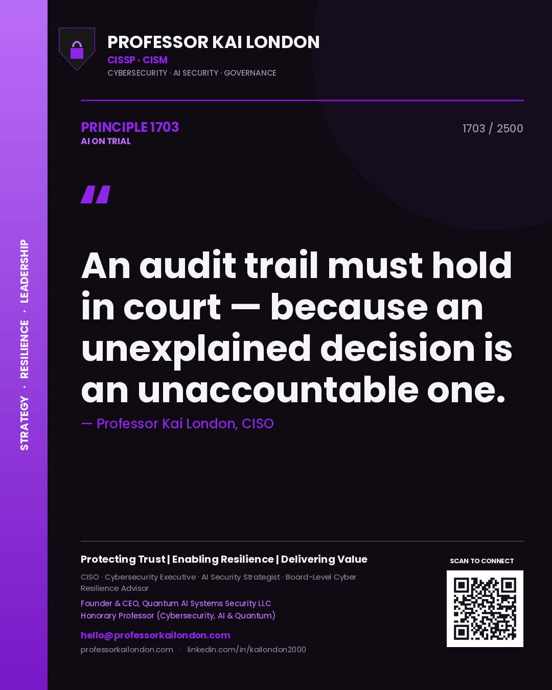 Professor Kai London principle 1703: An audit trail must hold in court — because an unexplained decision is an unaccountable one.
