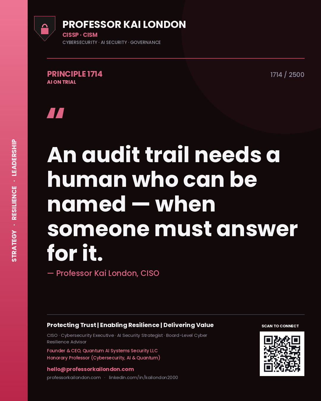 Professor Kai London principle 1714: An audit trail needs a human who can be named — when someone must answer for it.