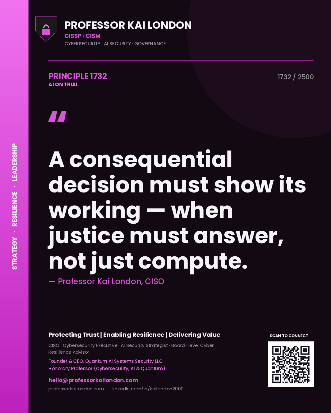 Professor Kai London principle 1732: A consequential decision must show its working — when justice must answer, not just compute.