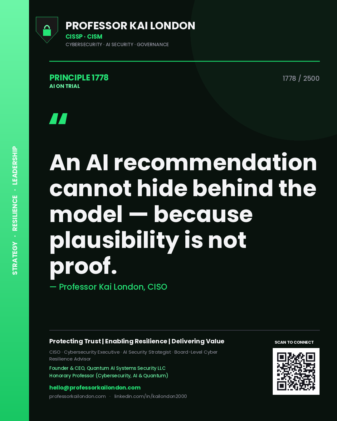 Professor Kai London principle 1778: An AI recommendation cannot hide behind the model — because plausibility is not proof.