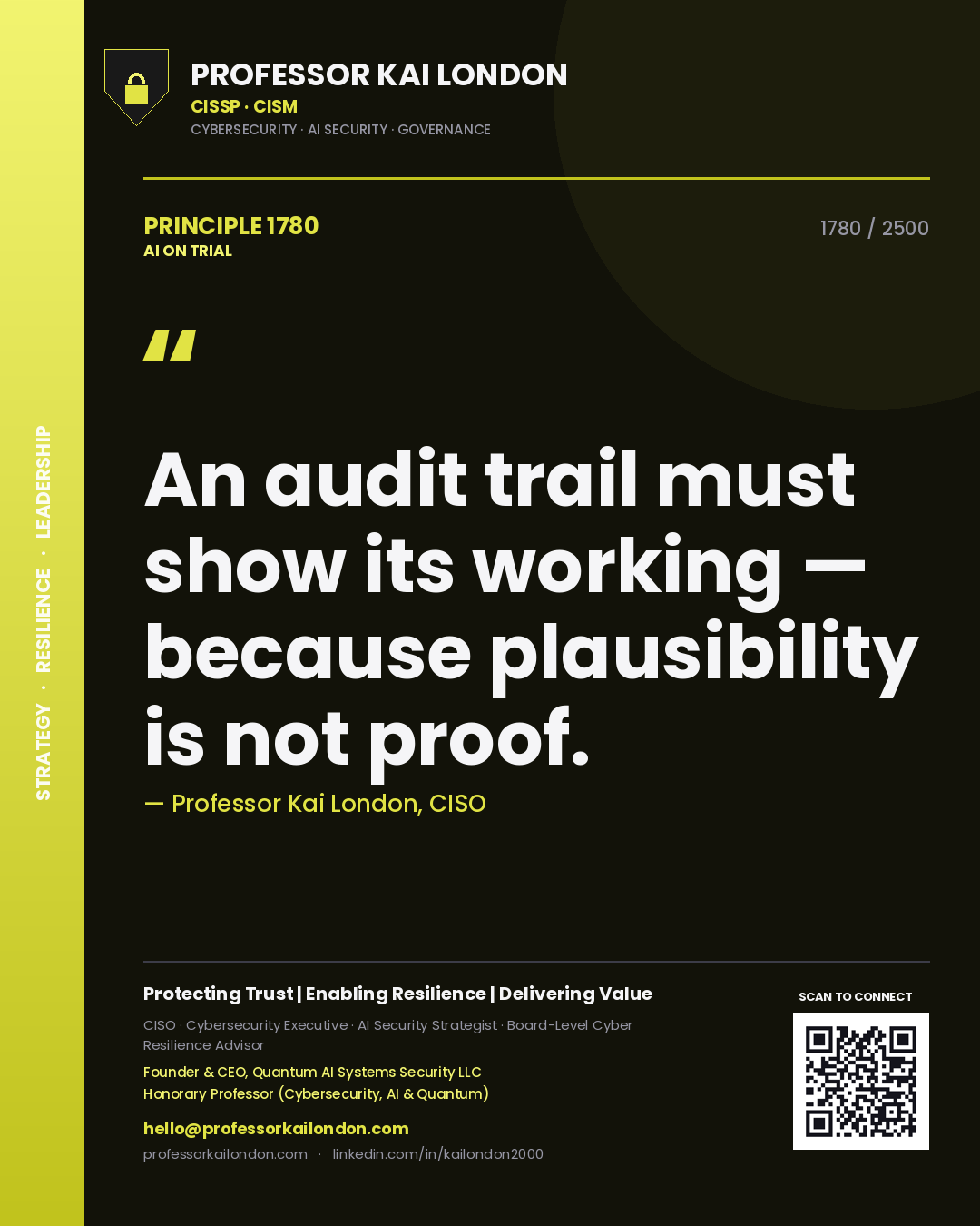 Professor Kai London principle 1780: An audit trail must show its working — because plausibility is not proof.