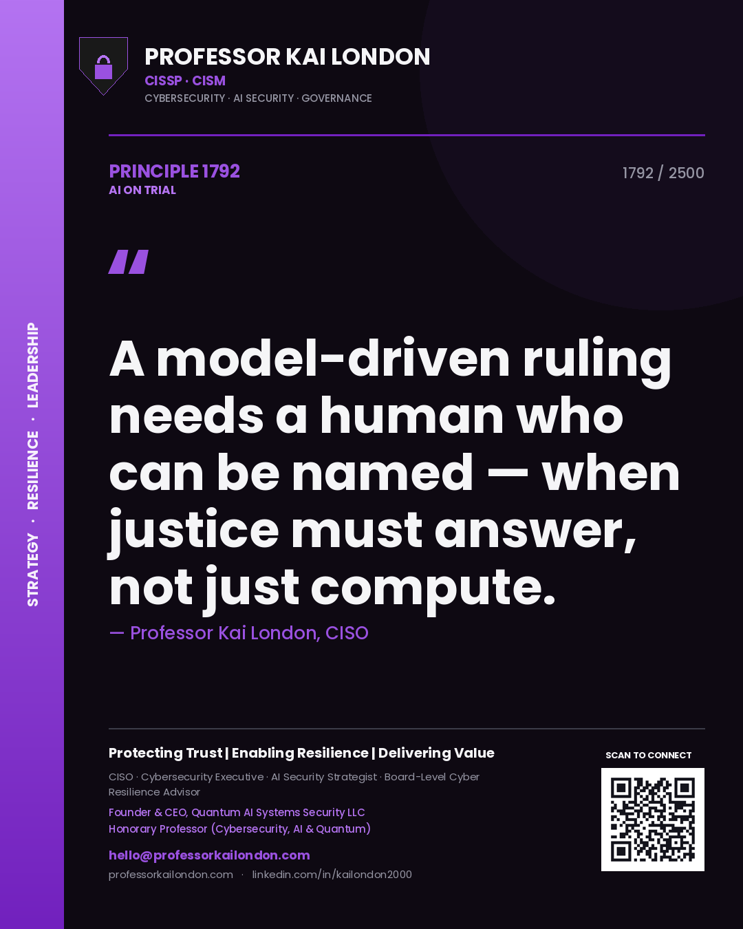 Professor Kai London principle 1792: A model-driven ruling needs a human who can be named — when justice must answer, not just compute.