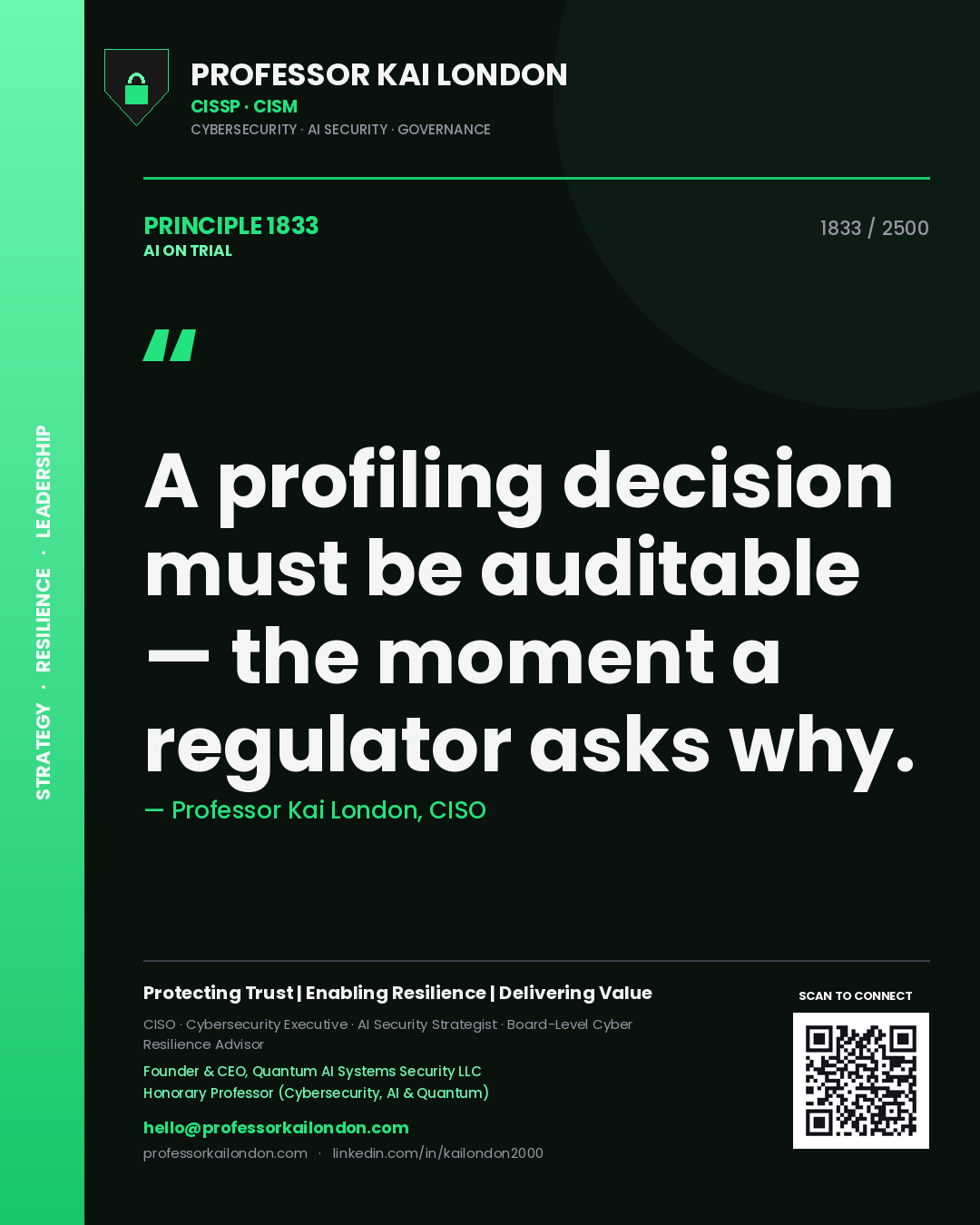 Professor Kai London principle 1833: A profiling decision must be auditable — the moment a regulator asks why.