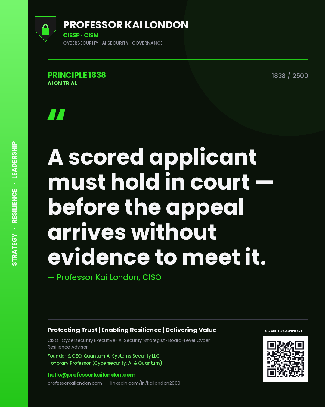 Professor Kai London principle 1838: A scored applicant must hold in court — before the appeal arrives without evidence to meet it.