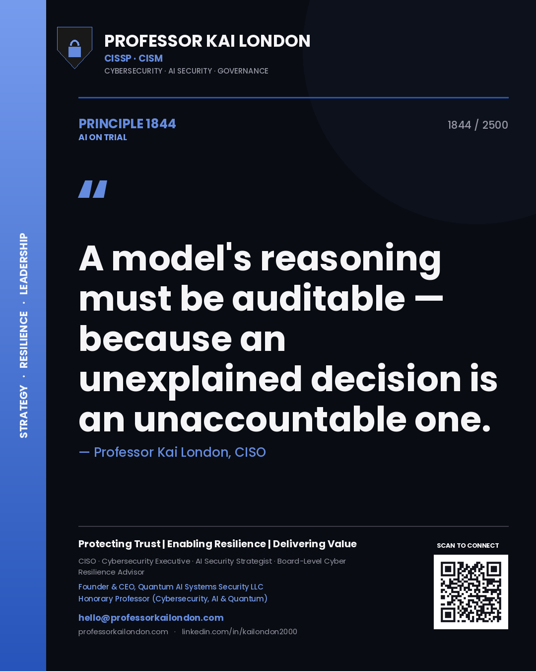 Professor Kai London principle 1844: A model's reasoning must be auditable — because an unexplained decision is an unaccountable one.