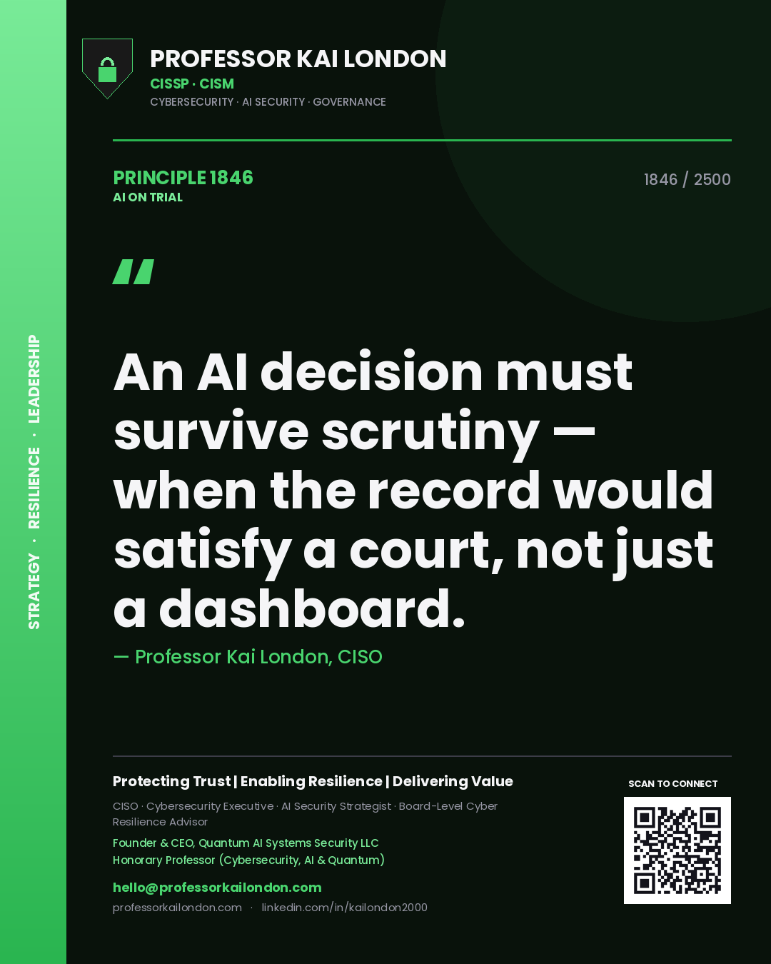 Professor Kai London principle 1846: An AI decision must survive scrutiny — when the record would satisfy a court, not just a dashboard.
