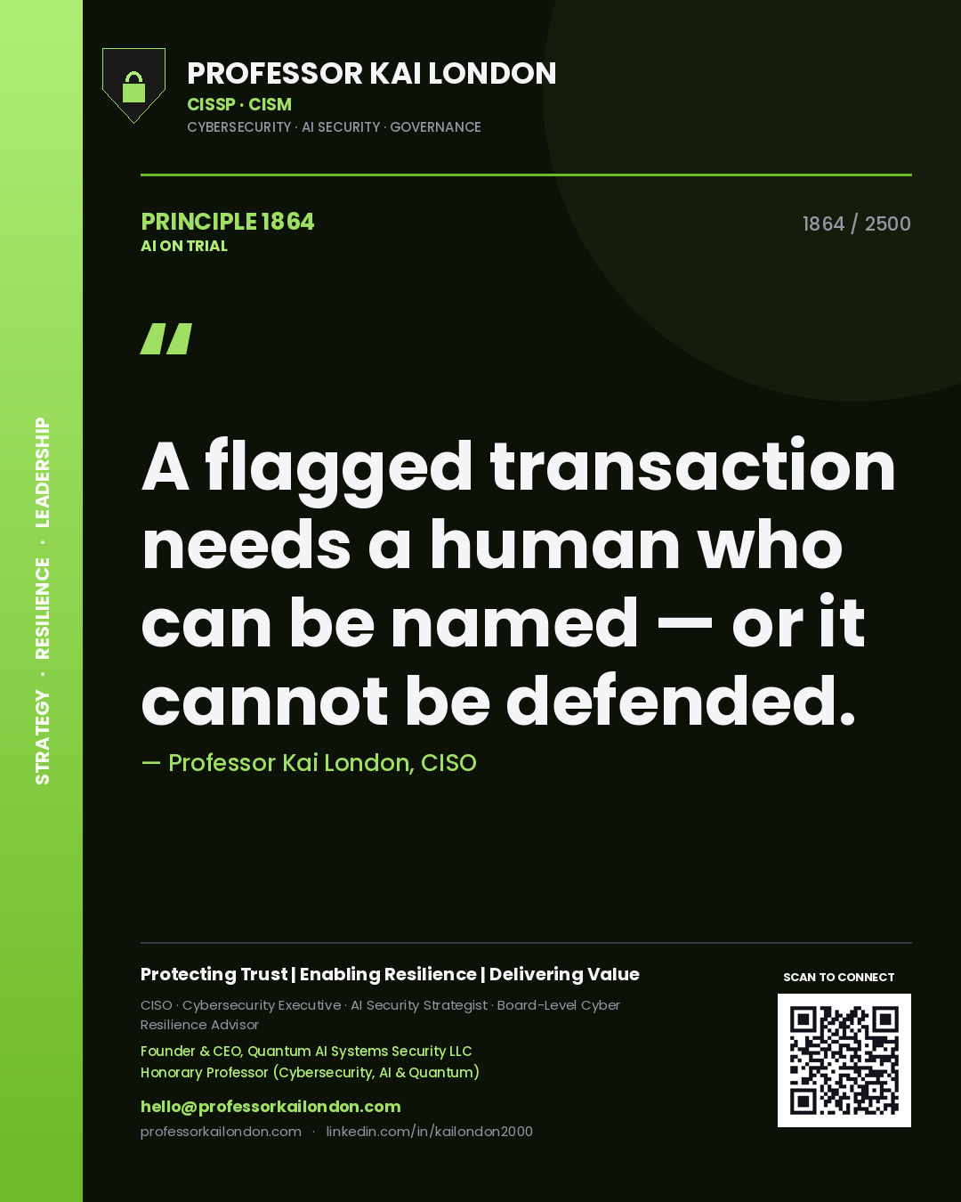 Professor Kai London principle 1864: A flagged transaction needs a human who can be named — or it cannot be defended.