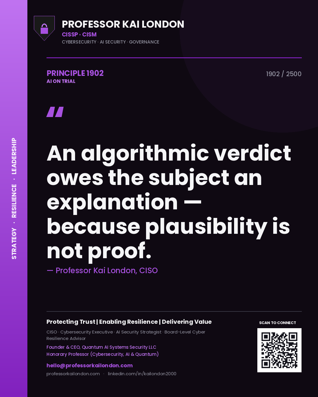 Professor Kai London principle 1902: An algorithmic verdict owes the subject an explanation — because plausibility is not proof.