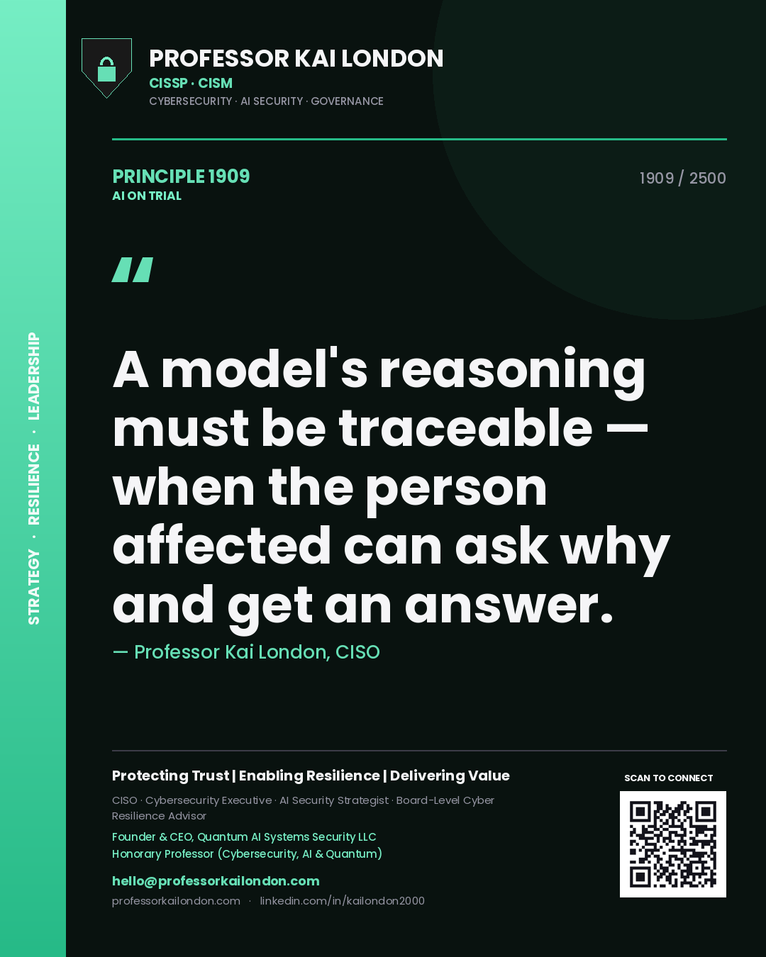 Professor Kai London principle 1909: A model's reasoning must be traceable — when the person affected can ask why and get an answer.