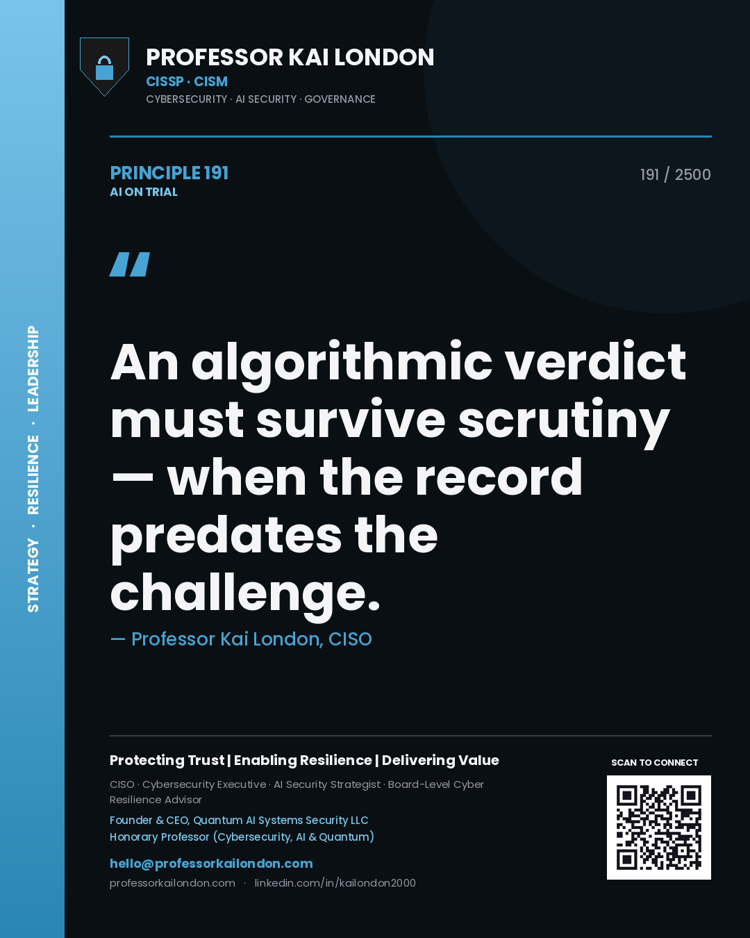 Professor Kai London principle 191: An algorithmic verdict must survive scrutiny — when the record predates the challenge.