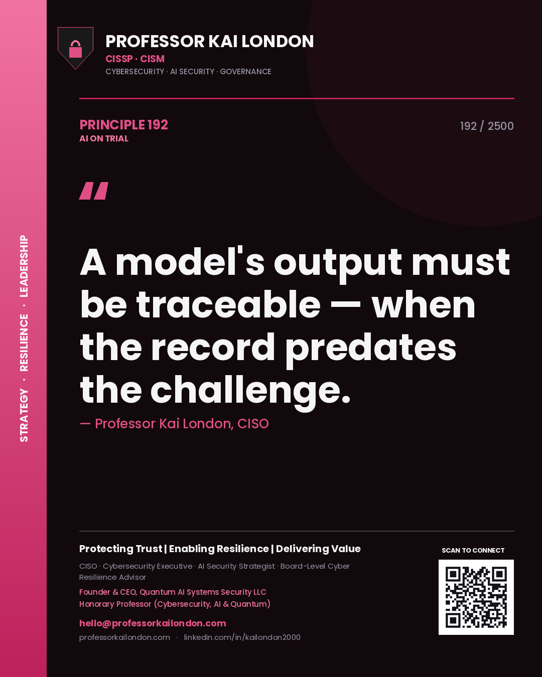 Professor Kai London principle 192: A model's output must be traceable — when the record predates the challenge.
