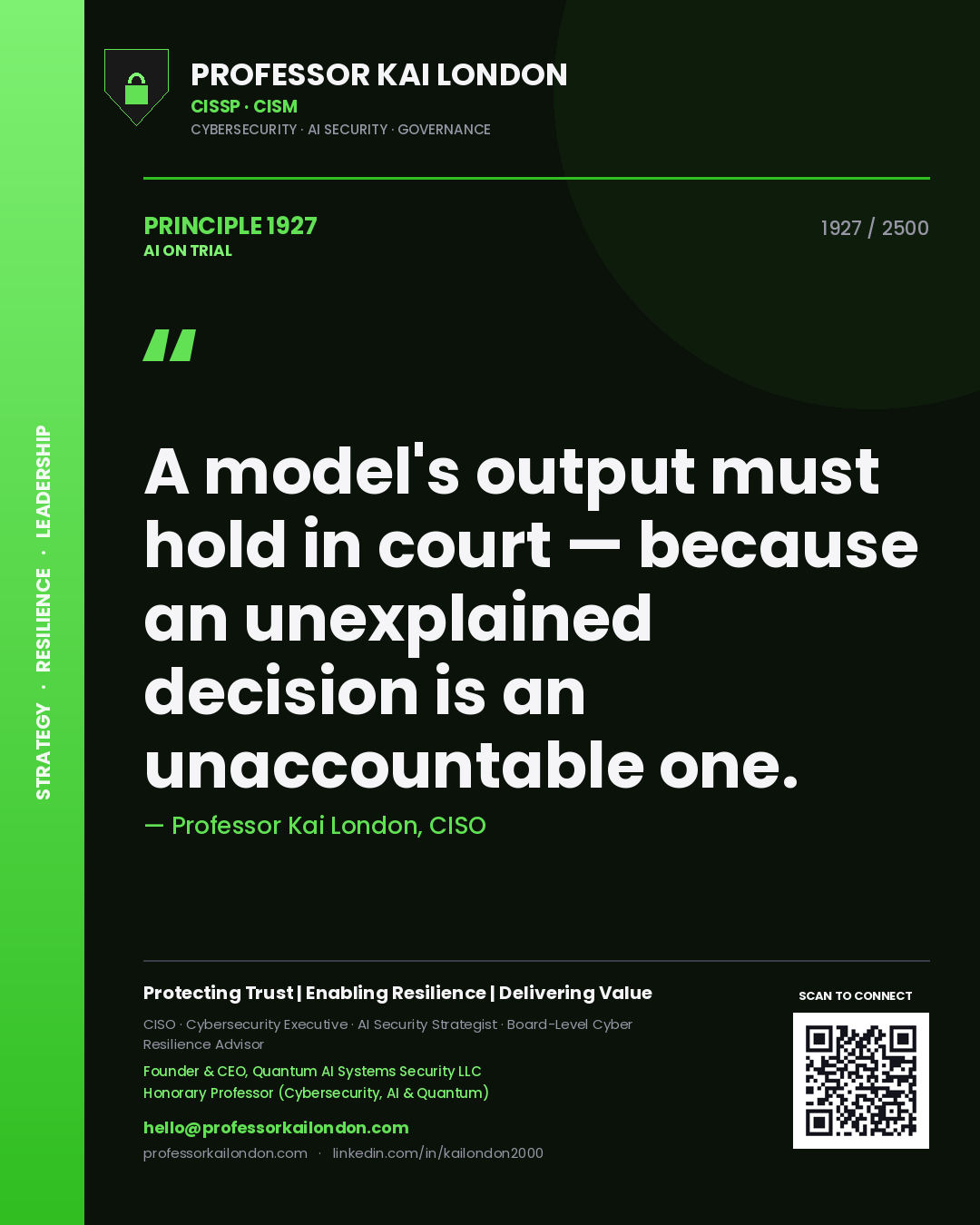 Professor Kai London principle 1927: A model's output must hold in court — because an unexplained decision is an unaccountable one.