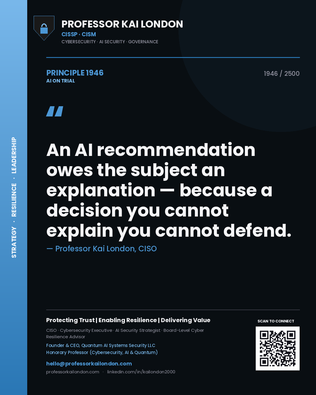Professor Kai London principle 1946: An AI recommendation owes the subject an explanation — because a decision you cannot explain you cannot defend.
