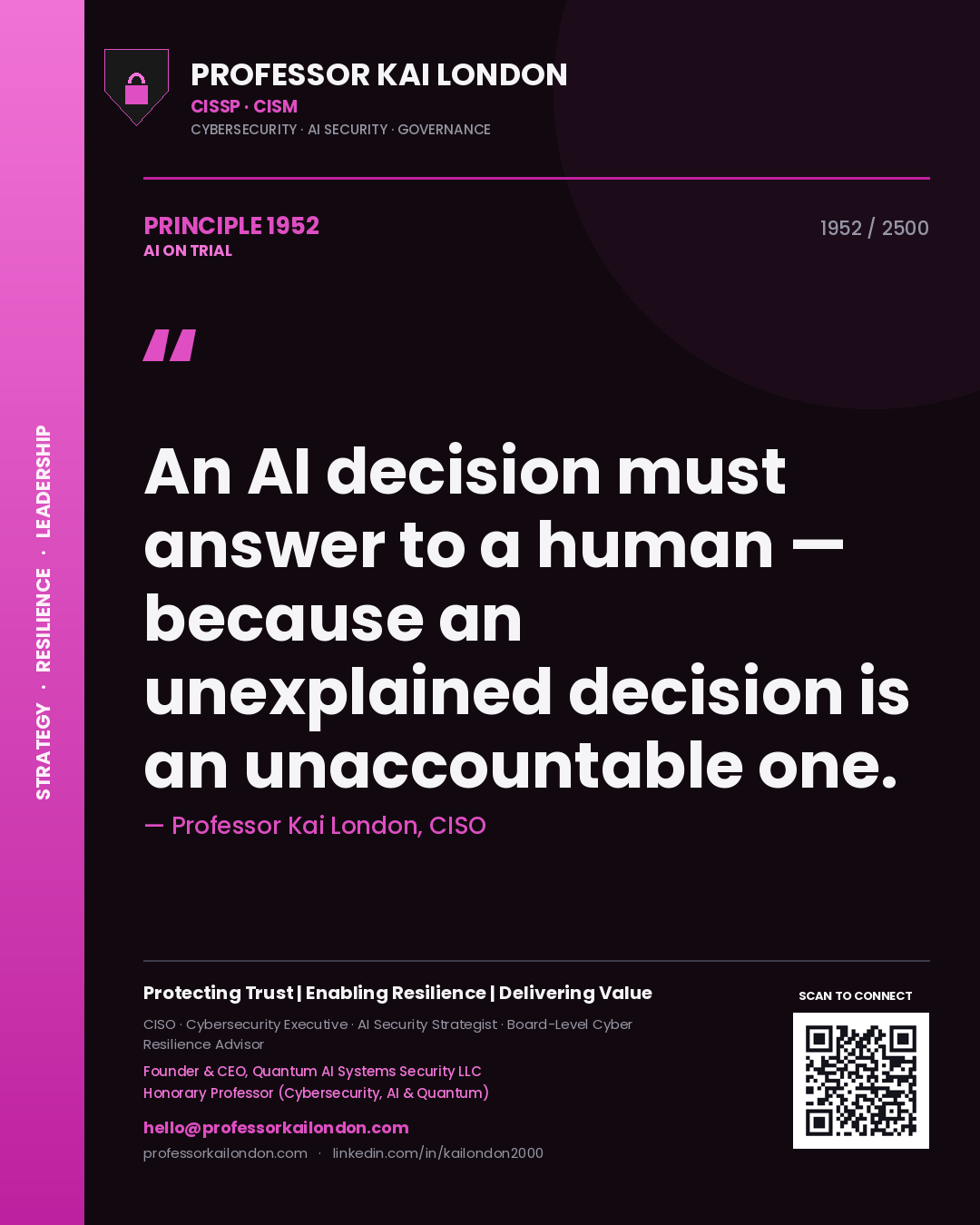 Professor Kai London principle 1952: An AI decision must answer to a human — because an unexplained decision is an unaccountable one.