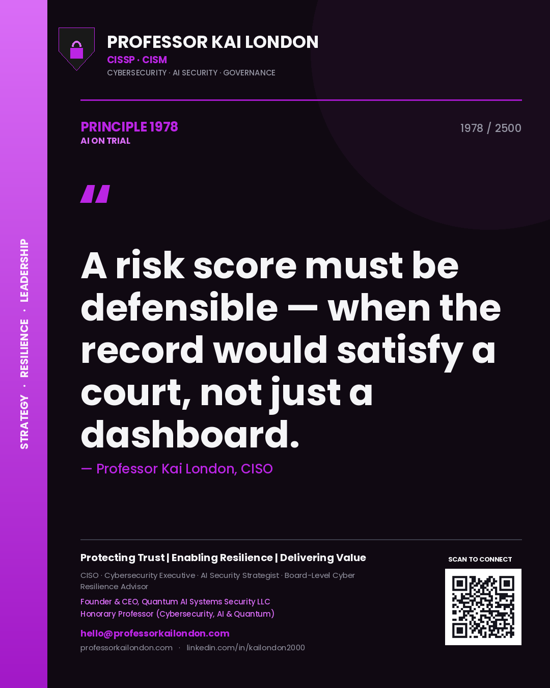 Professor Kai London principle 1978: A risk score must be defensible — when the record would satisfy a court, not just a dashboard.