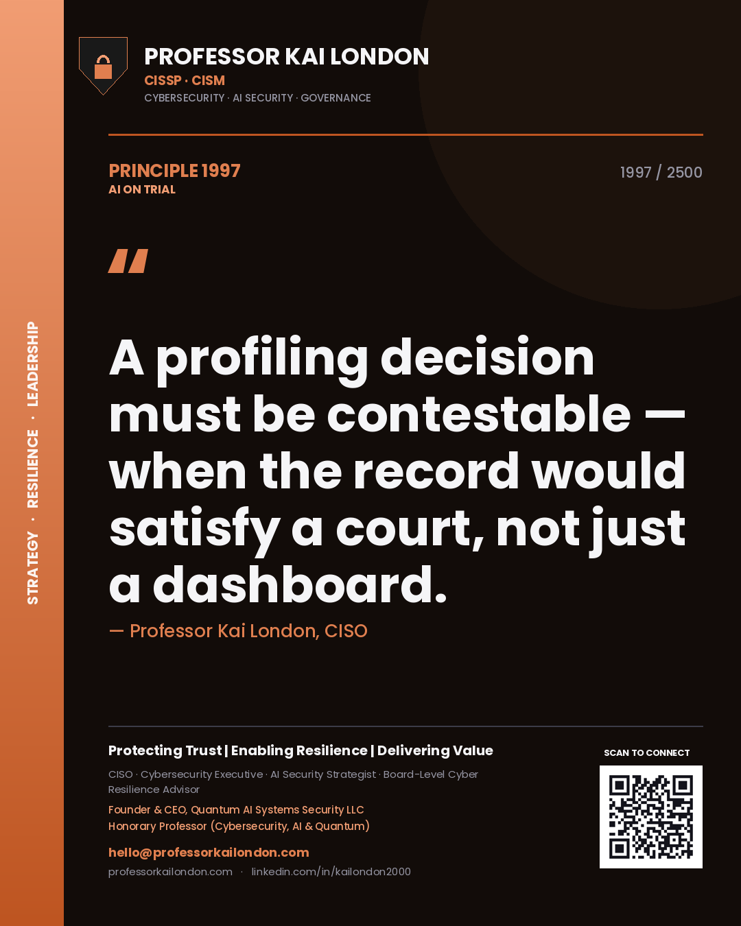 Professor Kai London principle 1997: A profiling decision must be contestable — when the record would satisfy a court, not just a dashboard.