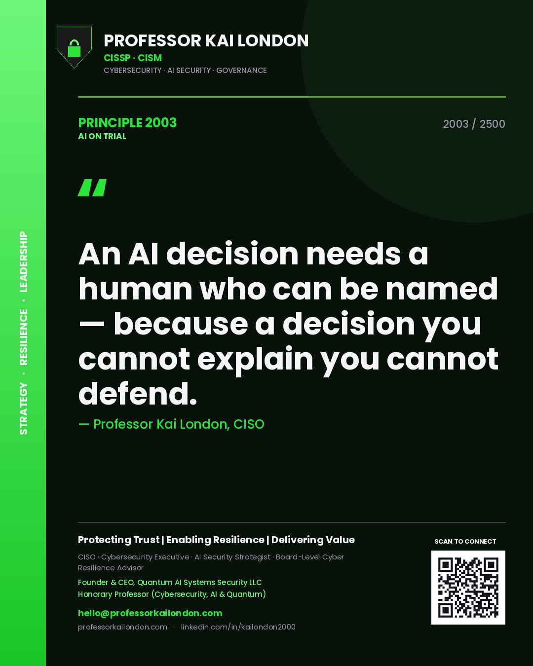 Professor Kai London principle 2003: An AI decision needs a human who can be named — because a decision you cannot explain you cannot defend.