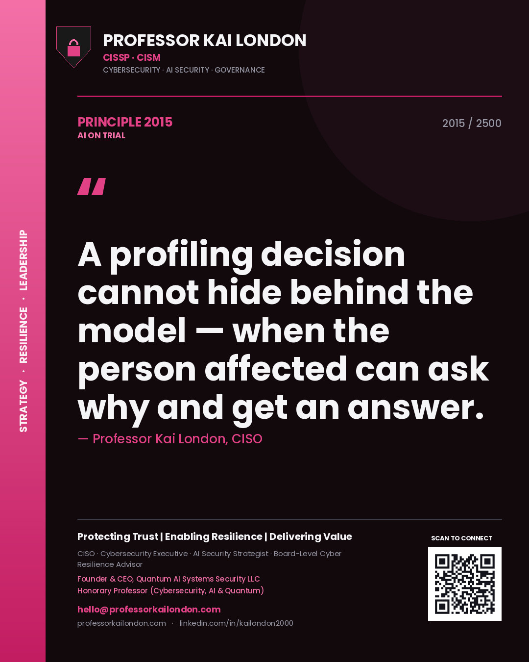 Professor Kai London principle 2015: A profiling decision cannot hide behind the model — when the person affected can ask why and get an answer.