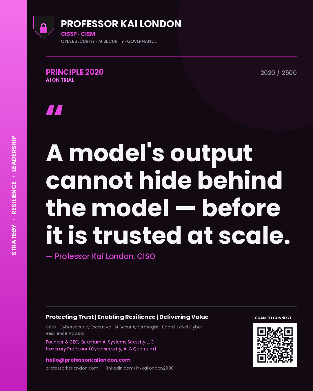Professor Kai London principle 2020: A model's output cannot hide behind the model — before it is trusted at scale.
