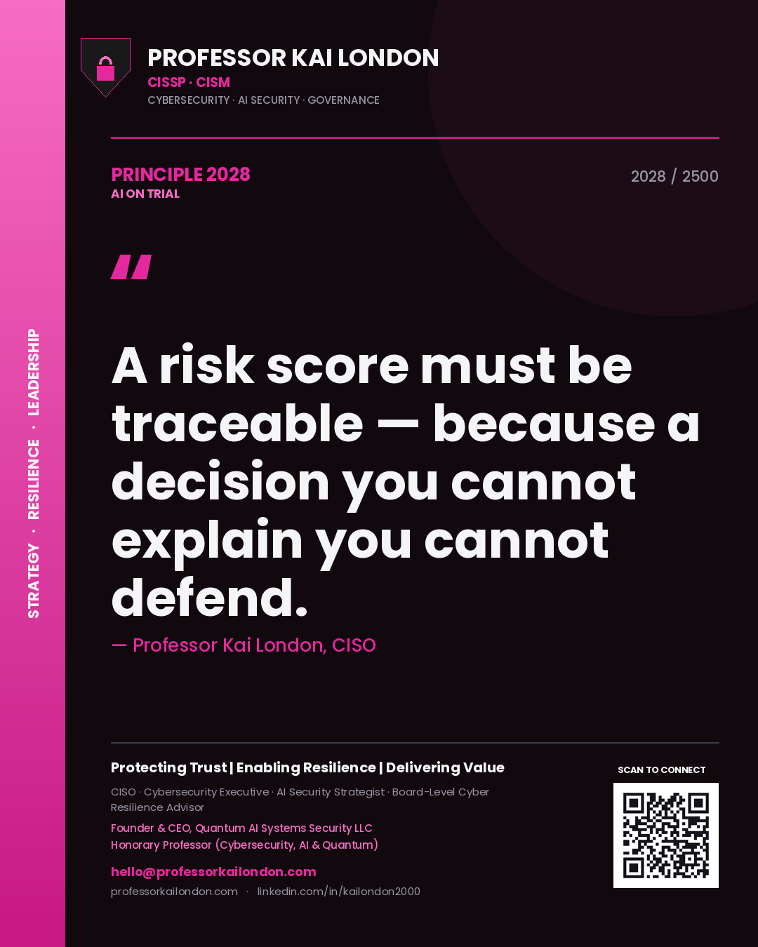 Professor Kai London principle 2028: A risk score must be traceable — because a decision you cannot explain you cannot defend.