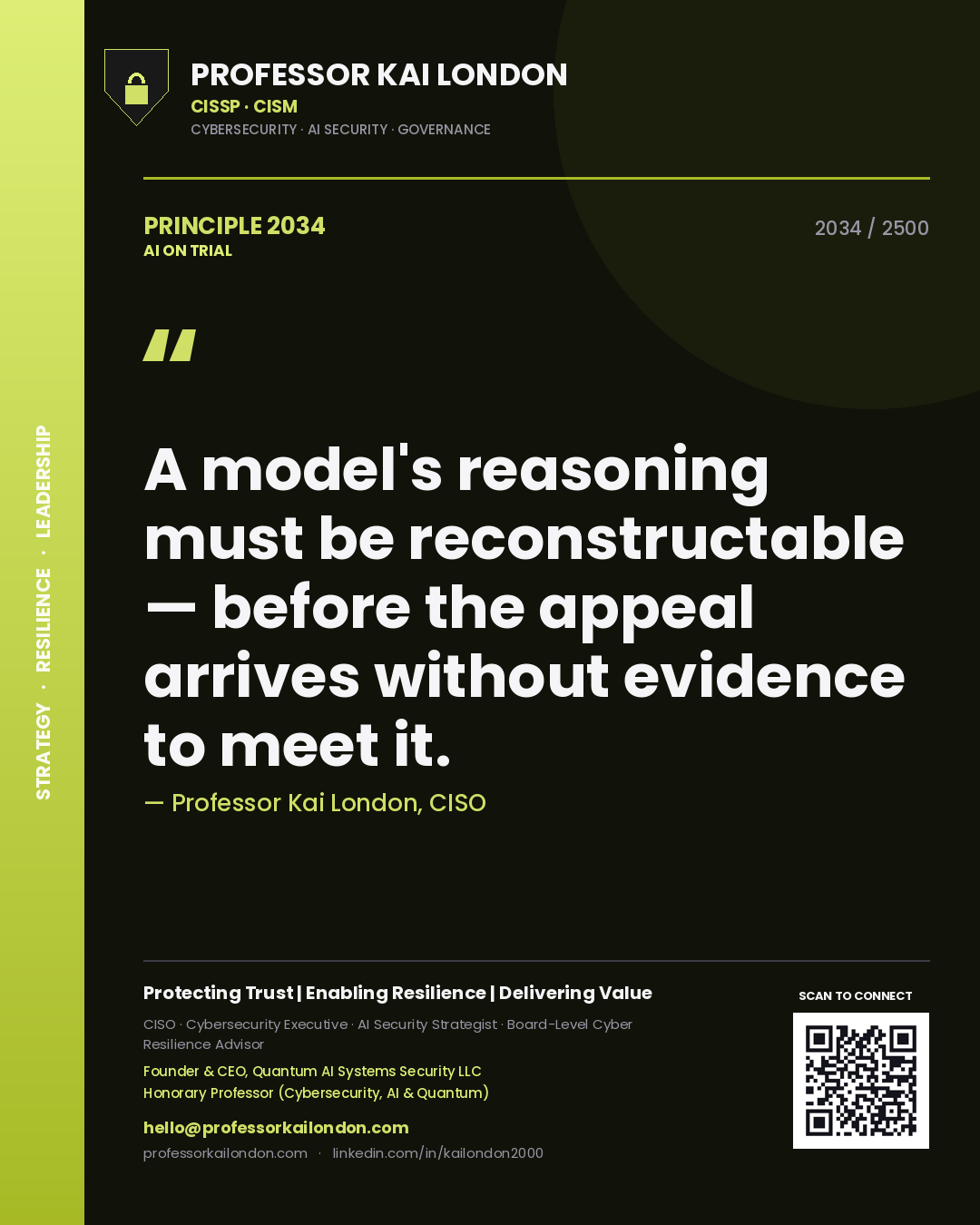 Professor Kai London principle 2034: A model's reasoning must be reconstructable — before the appeal arrives without evidence to meet it.