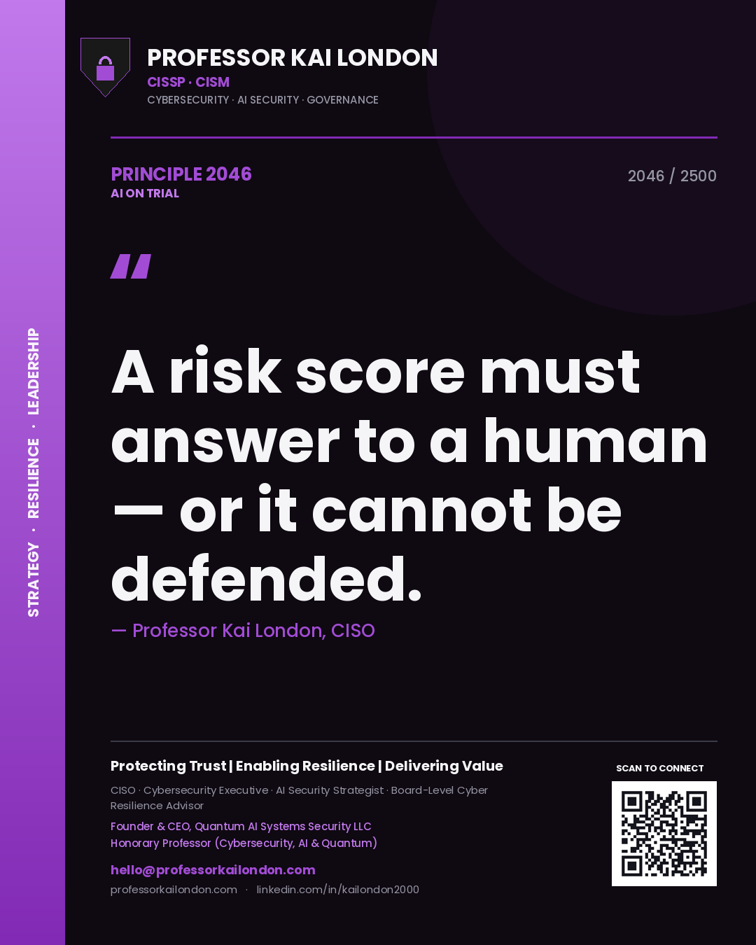 Professor Kai London principle 2046: A risk score must answer to a human — or it cannot be defended.