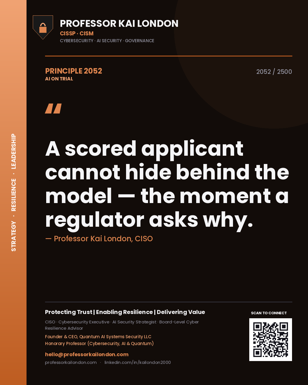 Professor Kai London principle 2052: A scored applicant cannot hide behind the model — the moment a regulator asks why.