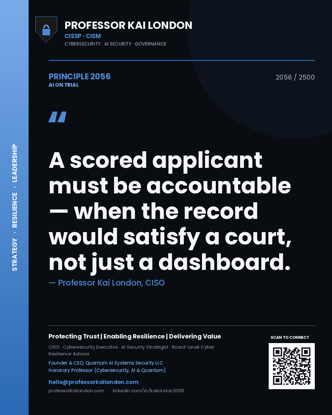 Professor Kai London principle 2056: A scored applicant must be accountable — when the record would satisfy a court, not just a dashboard.
