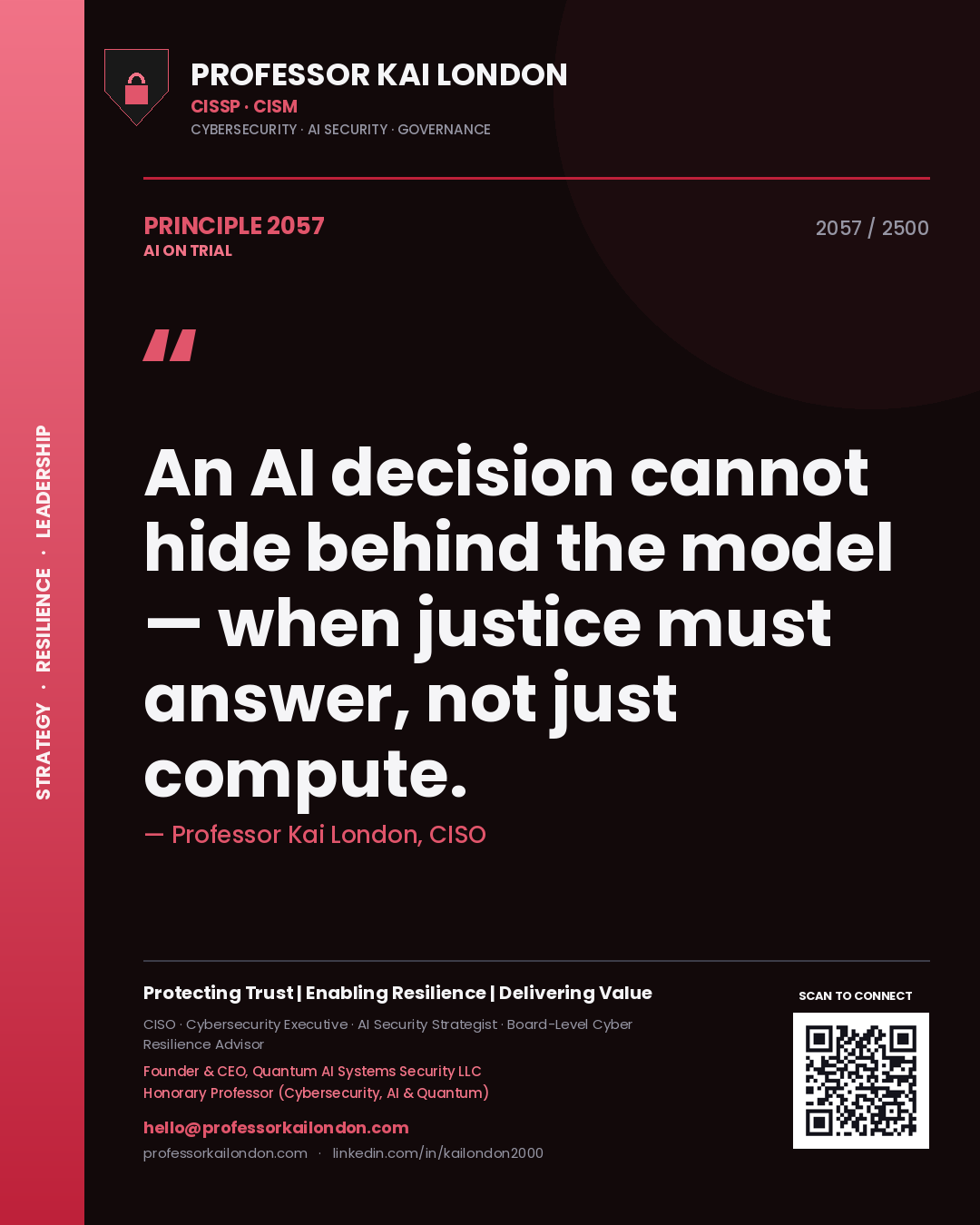 Professor Kai London principle 2057: An AI decision cannot hide behind the model — when justice must answer, not just compute.