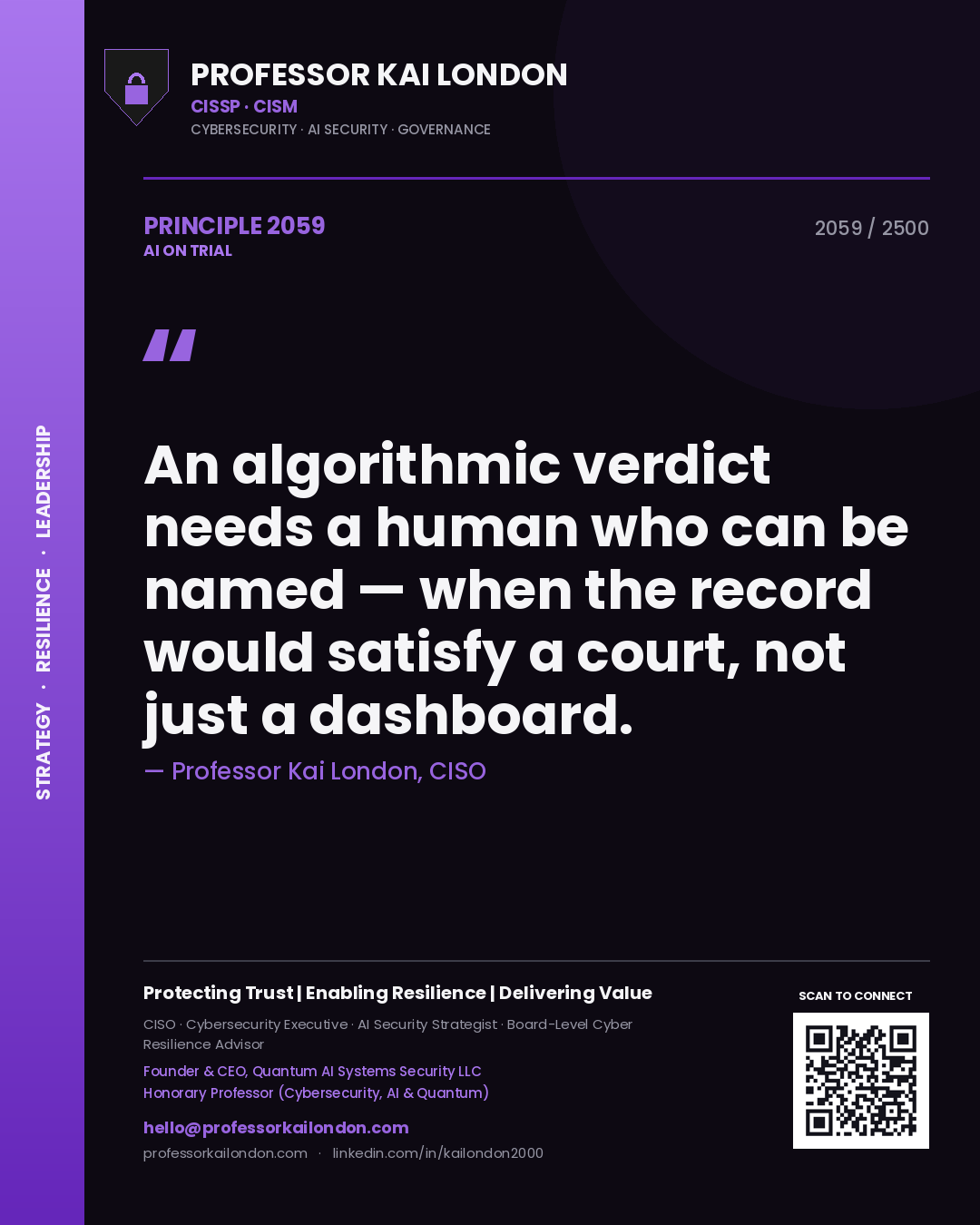 Professor Kai London principle 2059: An algorithmic verdict needs a human who can be named — when the record would satisfy a court, not just a dashboard.