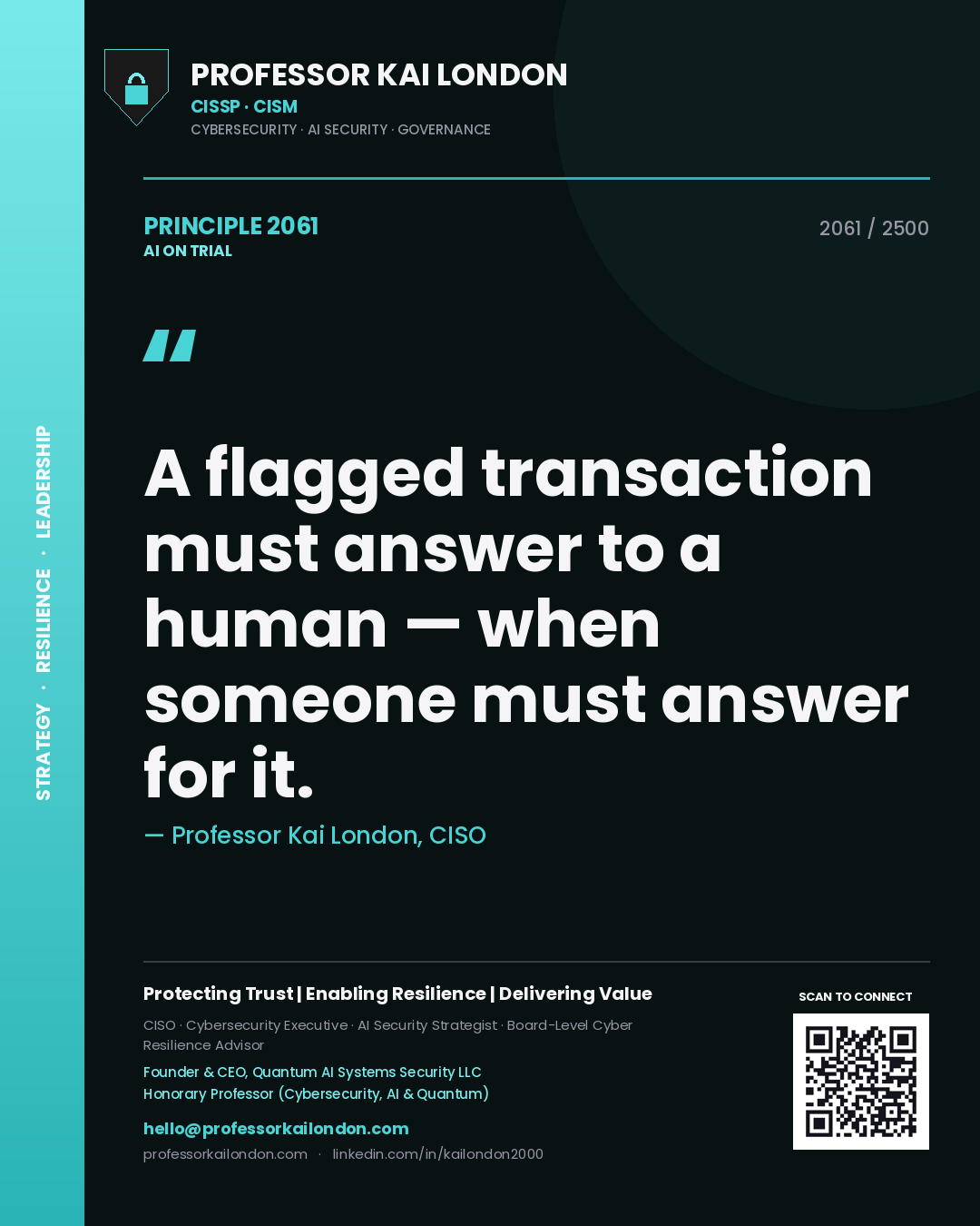 Professor Kai London principle 2061: A flagged transaction must answer to a human — when someone must answer for it.