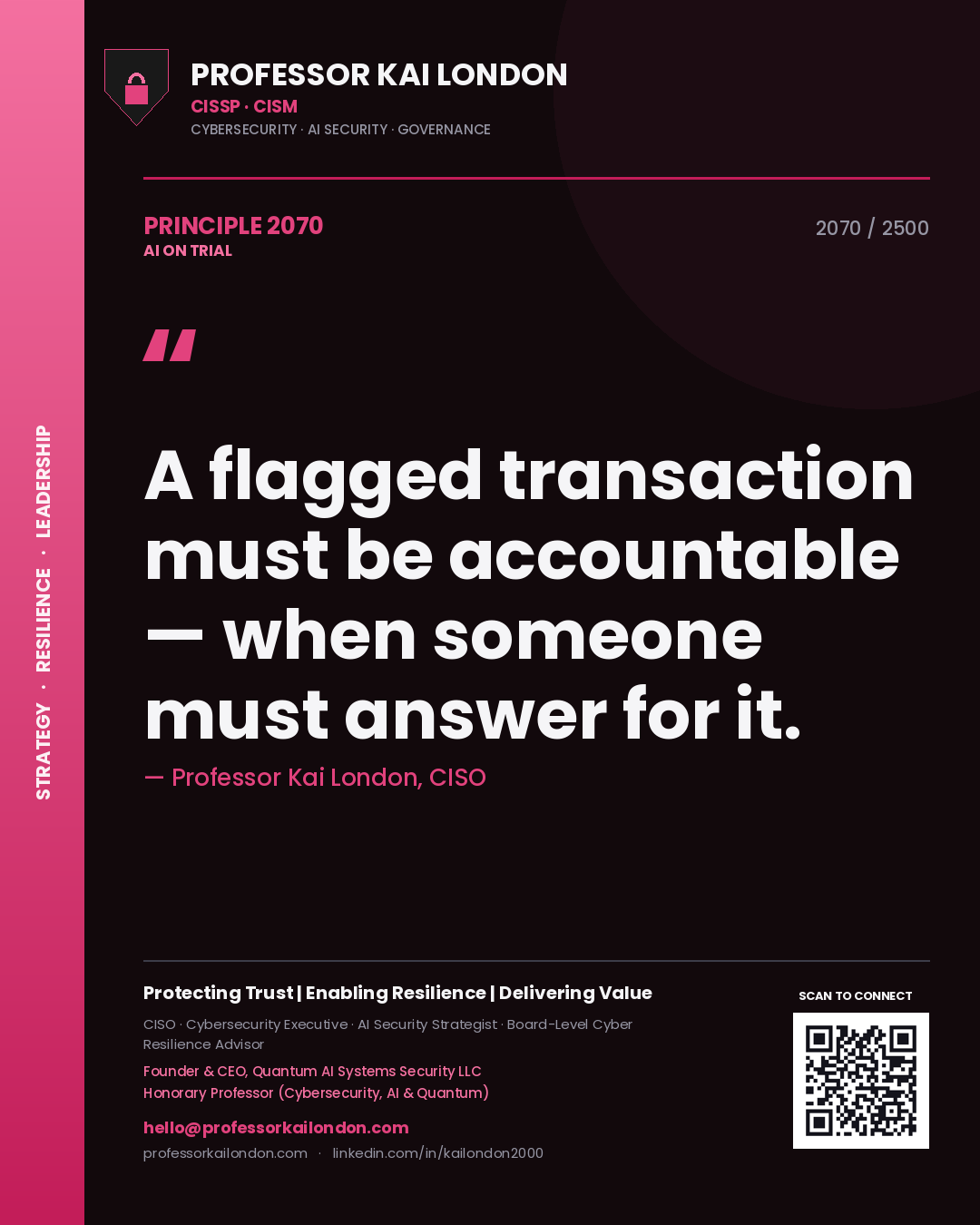 Professor Kai London principle 2070: A flagged transaction must be accountable — when someone must answer for it.