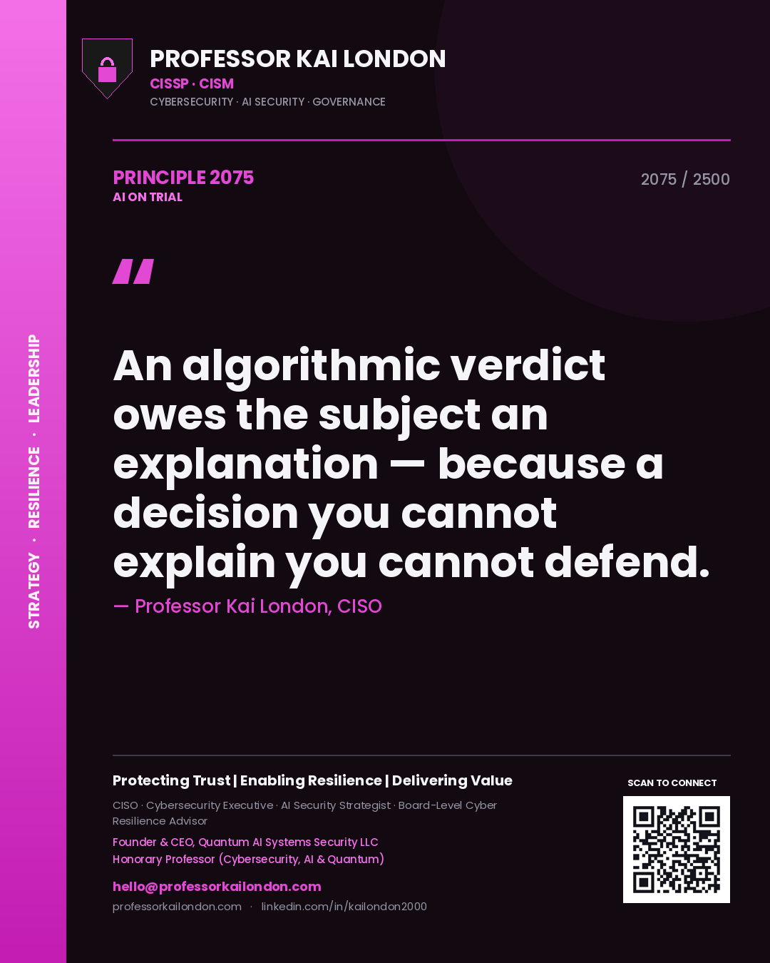 Professor Kai London principle 2075: An algorithmic verdict owes the subject an explanation — because a decision you cannot explain you cannot defend.