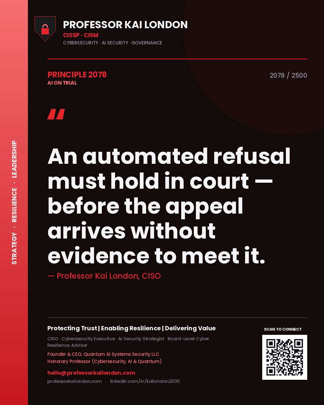 Professor Kai London principle 2078: An automated refusal must hold in court — before the appeal arrives without evidence to meet it.