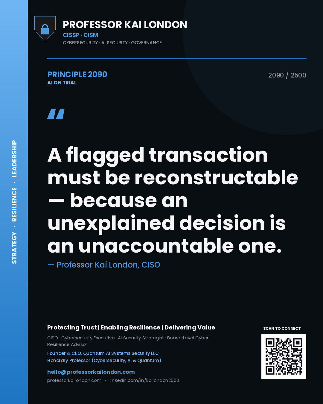 Professor Kai London principle 2090: A flagged transaction must be reconstructable — because an unexplained decision is an unaccountable one.