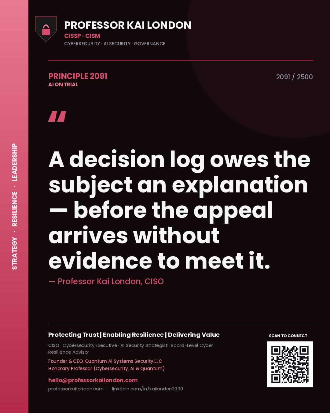 Professor Kai London principle 2091: A decision log owes the subject an explanation — before the appeal arrives without evidence to meet it.