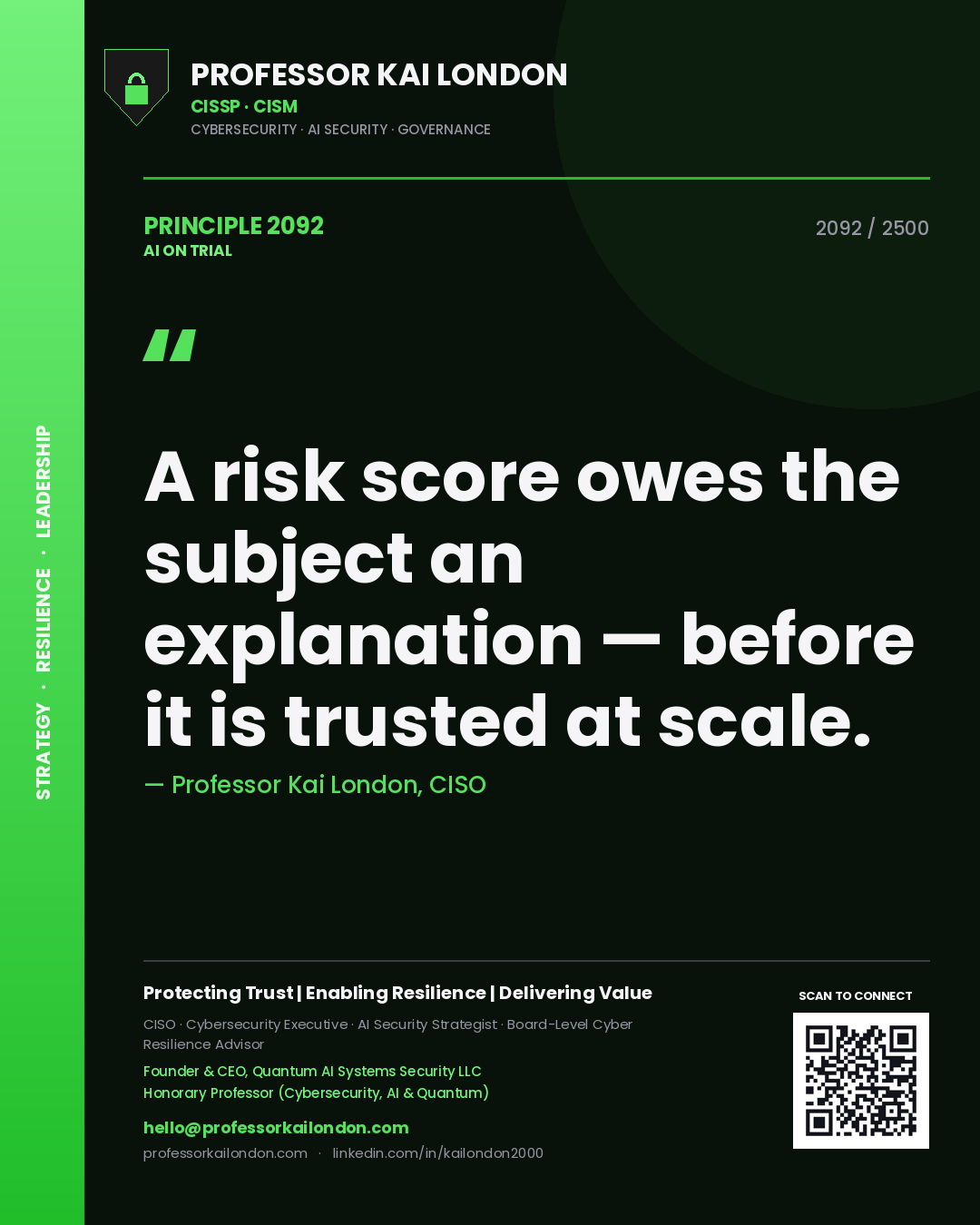 Professor Kai London principle 2092: A risk score owes the subject an explanation — before it is trusted at scale.