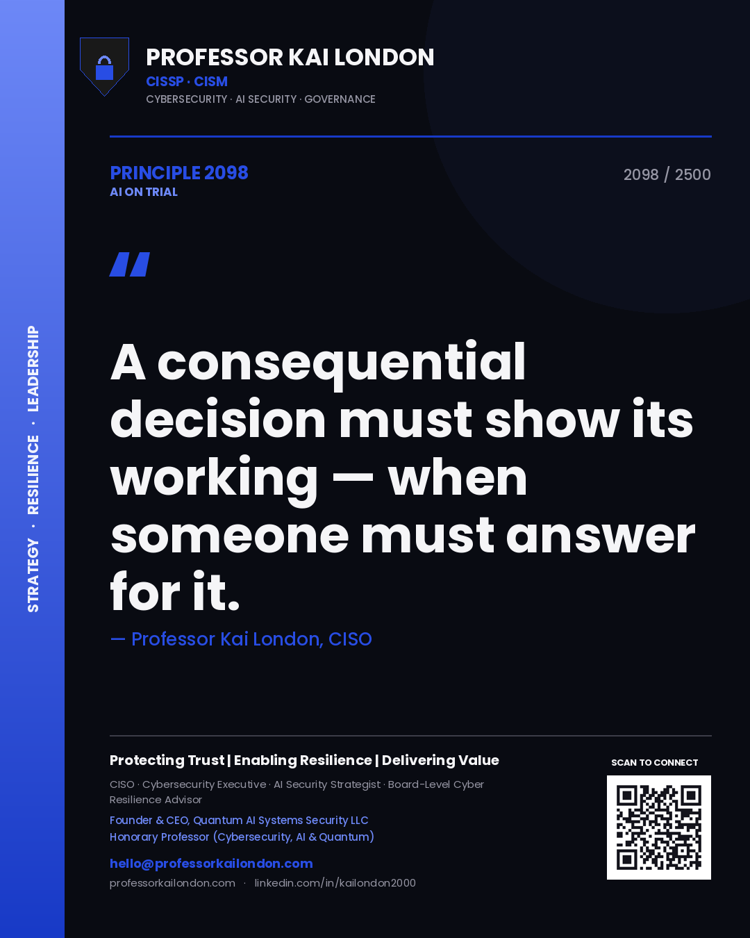 Professor Kai London principle 2098: A consequential decision must show its working — when someone must answer for it.