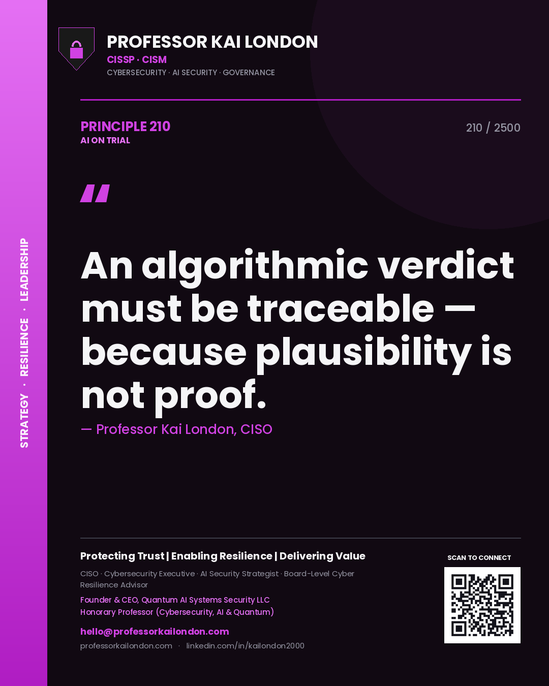 Professor Kai London principle 210: An algorithmic verdict must be traceable — because plausibility is not proof.