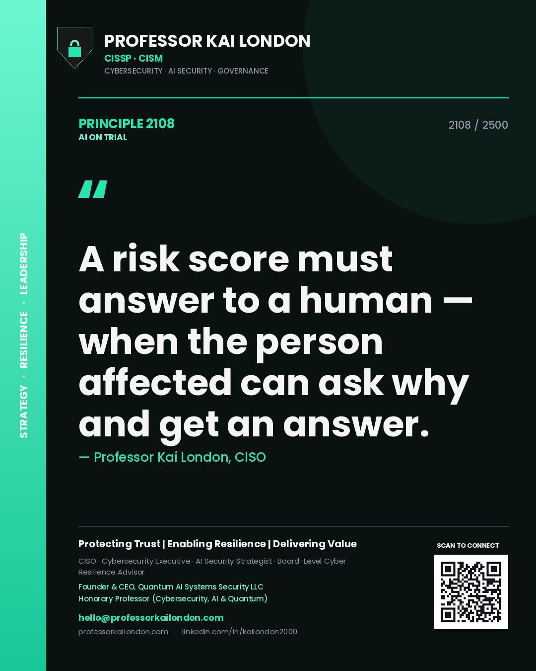 Professor Kai London principle 2108: A risk score must answer to a human — when the person affected can ask why and get an answer.