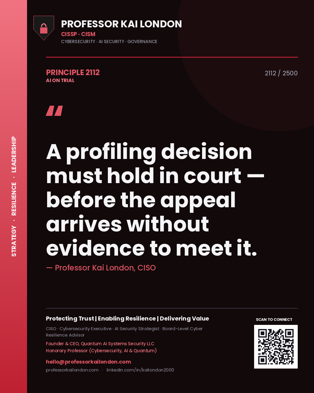 Professor Kai London principle 2112: A profiling decision must hold in court — before the appeal arrives without evidence to meet it.