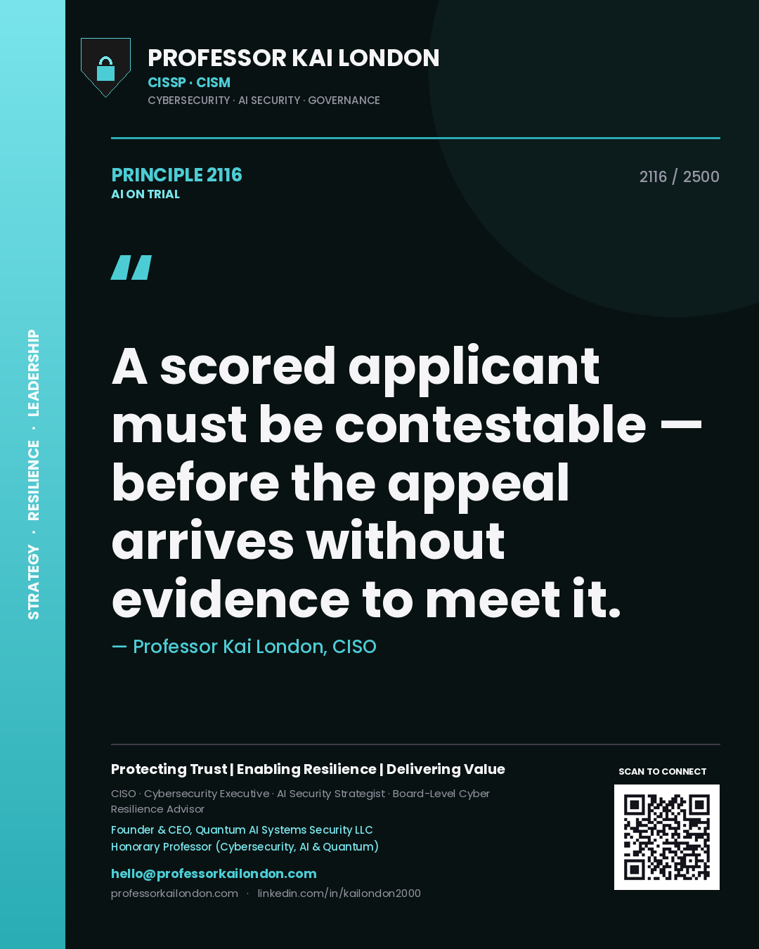 Professor Kai London principle 2116: A scored applicant must be contestable — before the appeal arrives without evidence to meet it.
