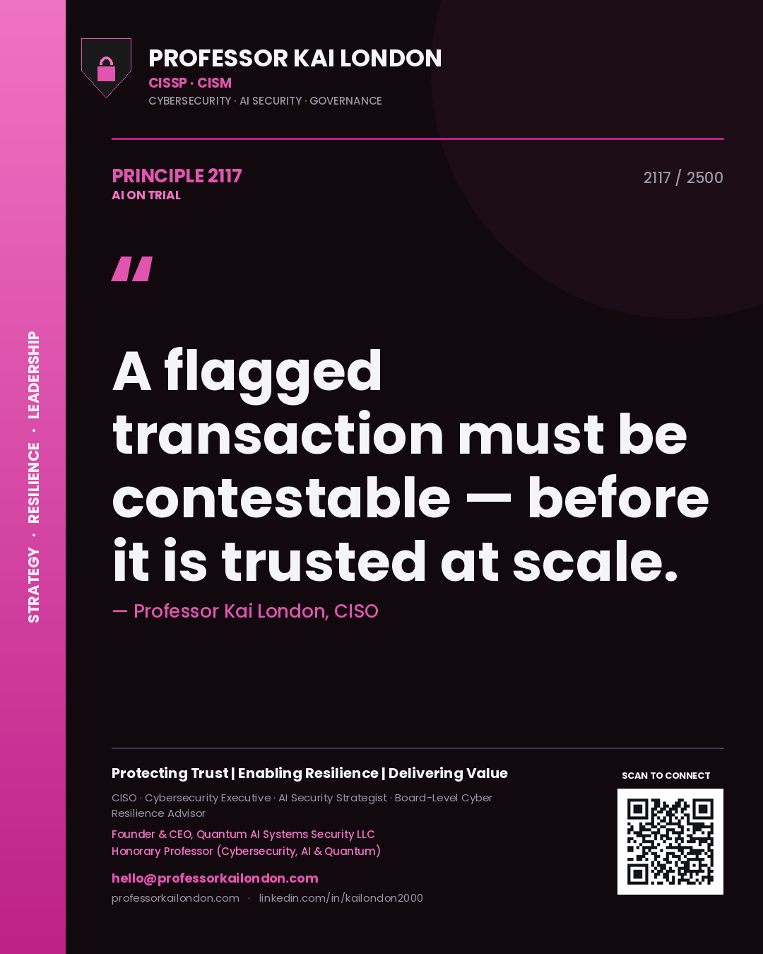 Professor Kai London principle 2117: A flagged transaction must be contestable — before it is trusted at scale.