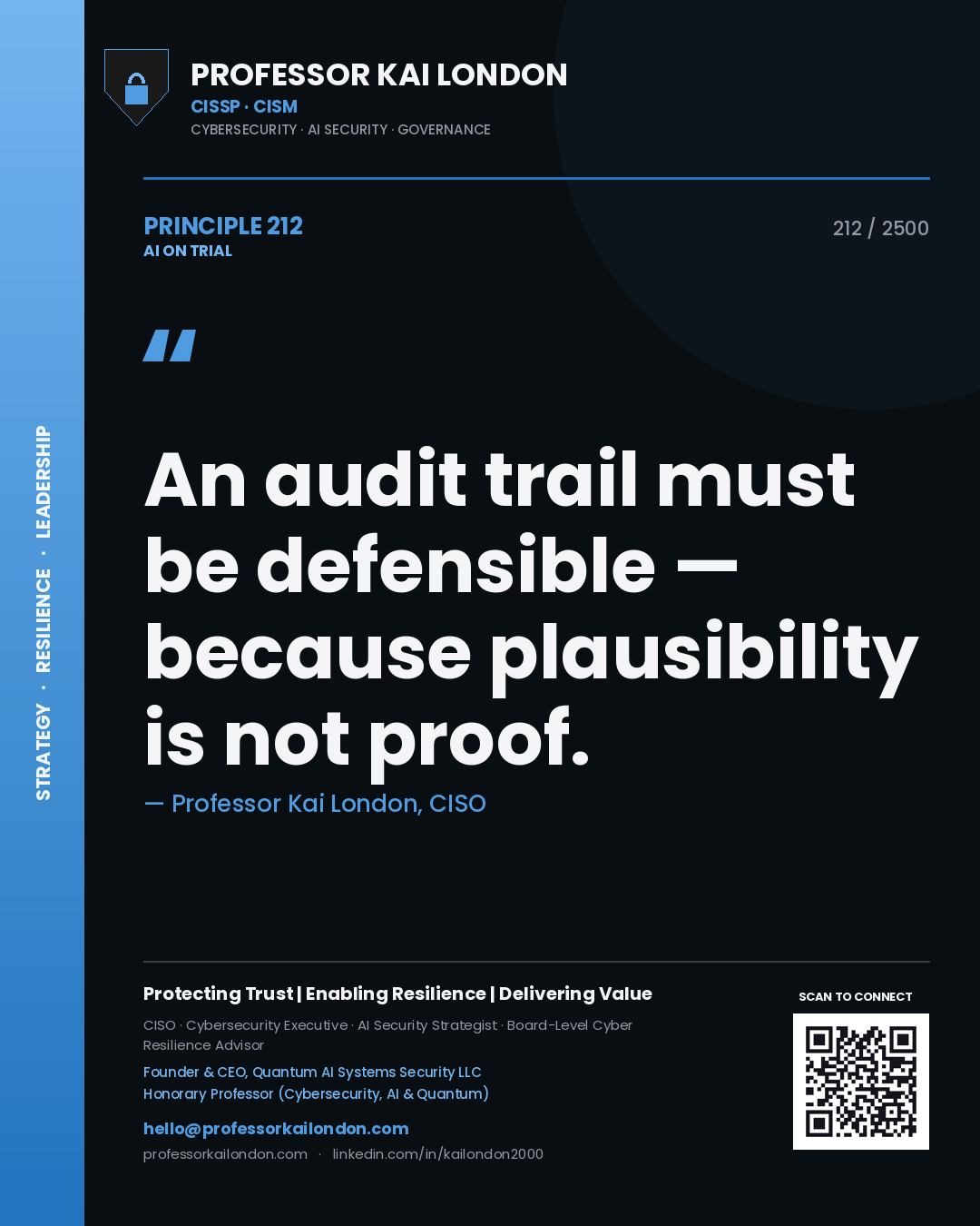 Professor Kai London principle 212: An audit trail must be defensible — because plausibility is not proof.