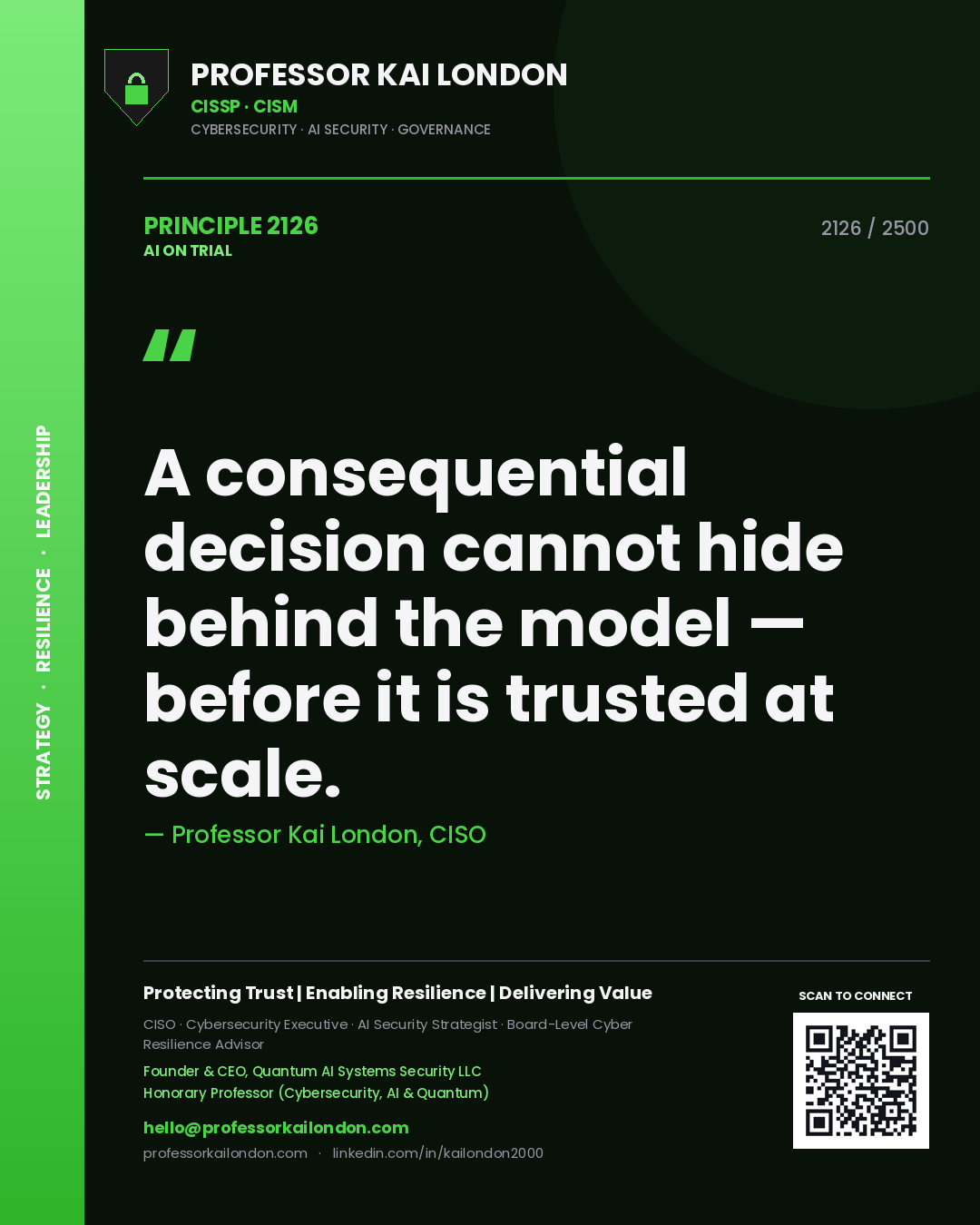 Professor Kai London principle 2126: A consequential decision cannot hide behind the model — before it is trusted at scale.