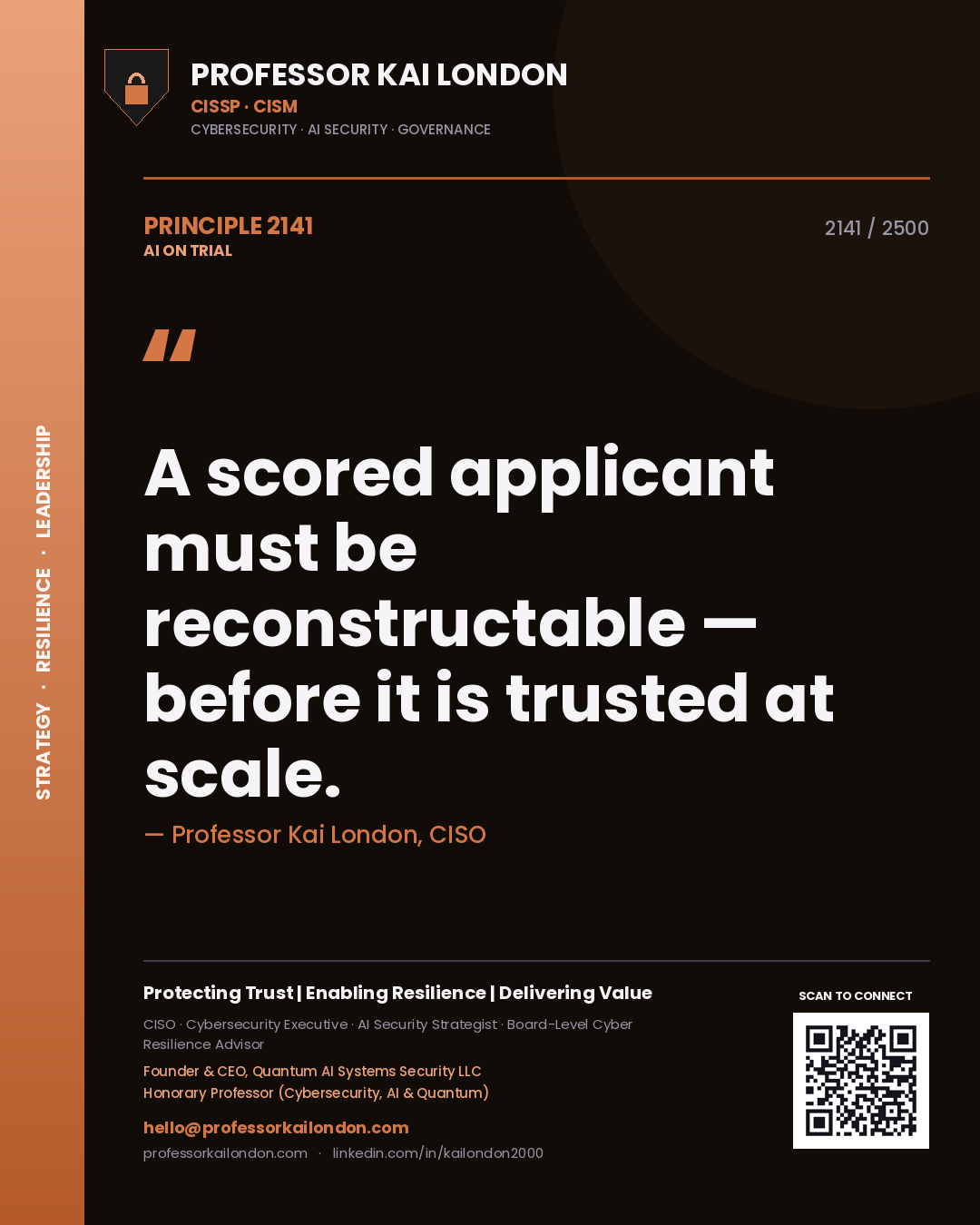 Professor Kai London principle 2141: A scored applicant must be reconstructable — before it is trusted at scale.